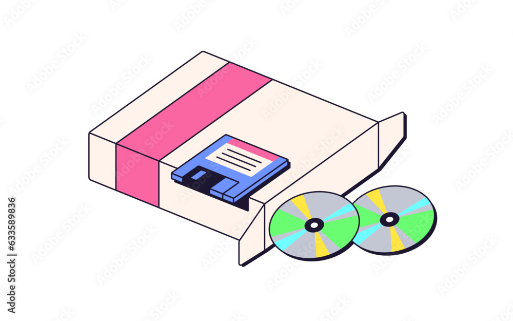 Aufkleber Floppy disk and discs in 90s retro style. Diskettes for saving information, data. Memory, backup container symbol, nostalgia retrowave technology. Flat vector illustration isolated on white background