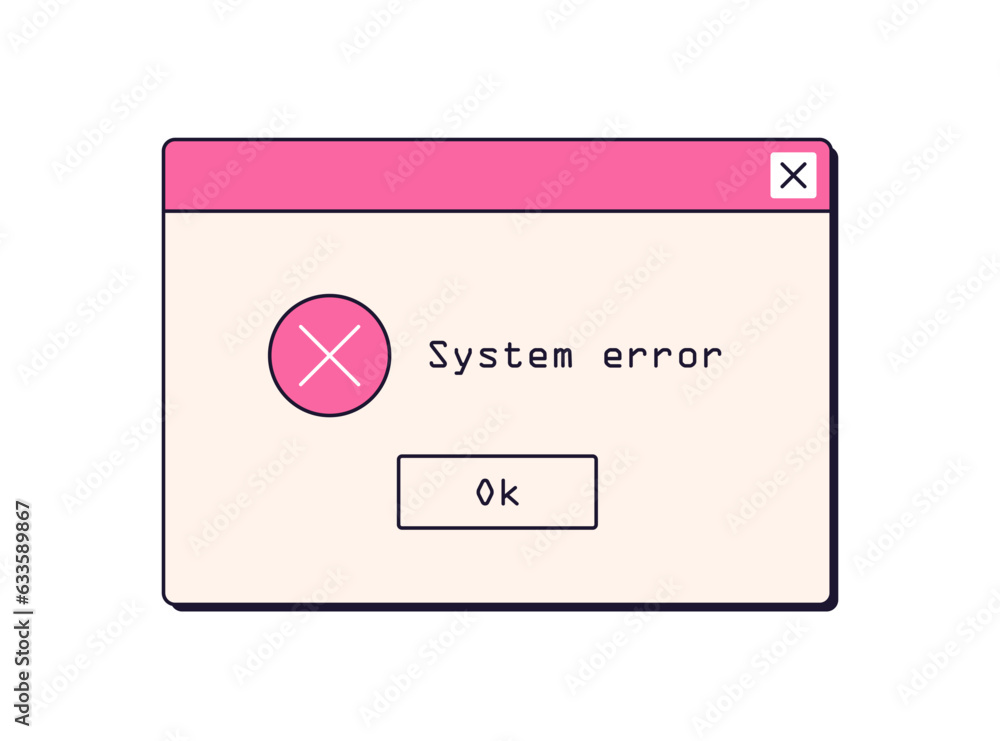Poster System error alert, notification. Dialog window with warning message, failure and OS problem information in retro 90s style. Digital mistake. Flat vector illustration isolated on white background