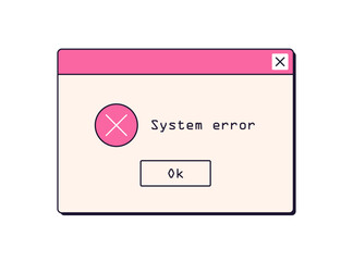 System error alert, notification. Dialog window with warning message, failure and OS problem information in retro 90s style. Digital mistake. Flat vector illustration isolated on white background - obrazy, fototapety, plakaty