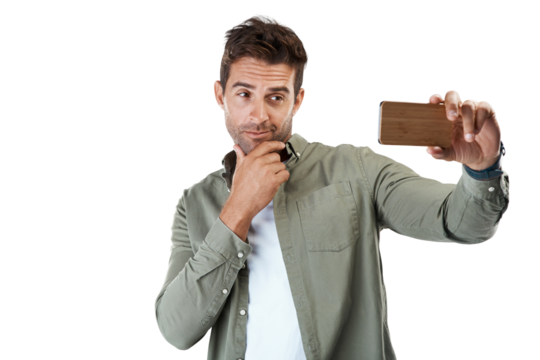 Selfie, man pose and smile with profile picture for social media with casual and modern style. Happy, model and male person from New York with photograph isolated on a transparent, png background - Powered by Adobe