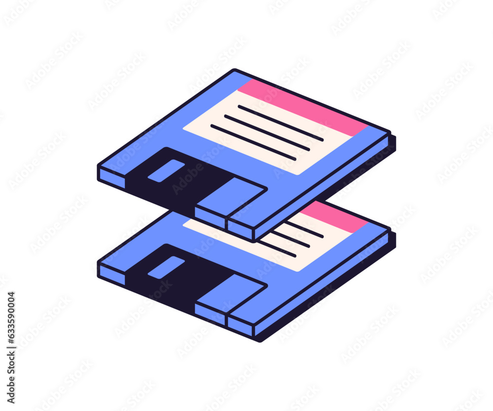 Leinwandbilder Floppy magnetic disks, computer diskettes icon in retro old 90s technology aesthetics. Information files, backup memory discs for data saving. Flat vector illustration isolated on white background