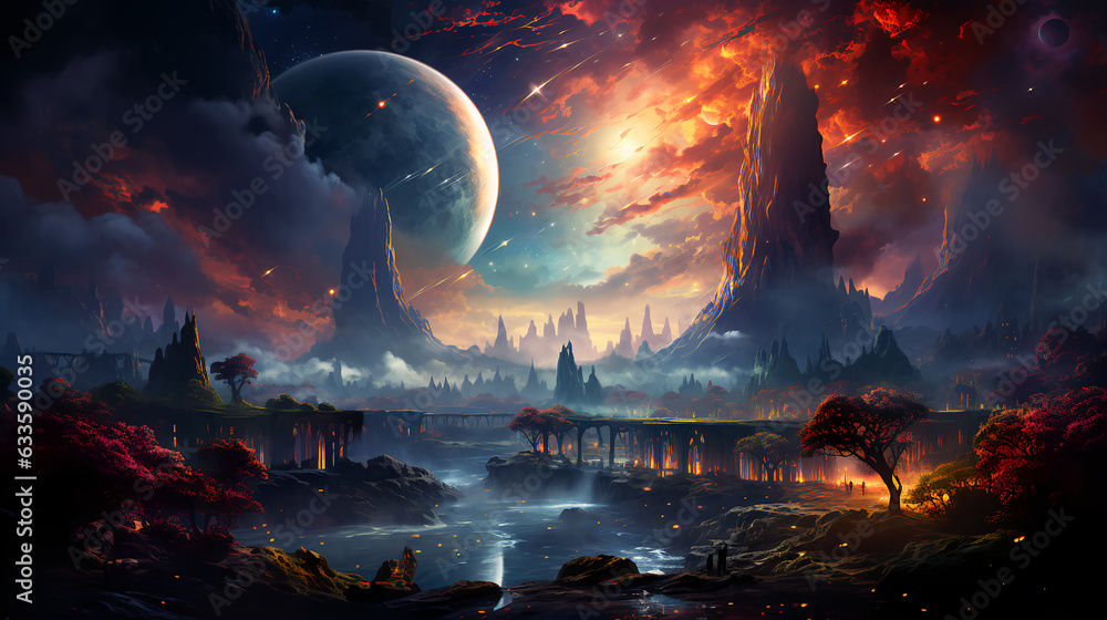 Poster space scene with futuristic planet surface and stars in open space with planets and galaxies. ai gen