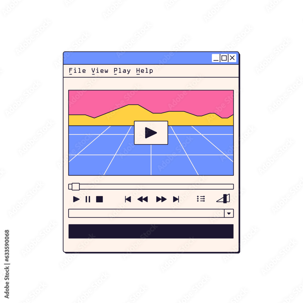 Poster Video player, window interface with buttons in retro 90s style. Digital media playing software, vaporwave UI. Old movie watching program. Flat graphic vector illustration isolated on white background