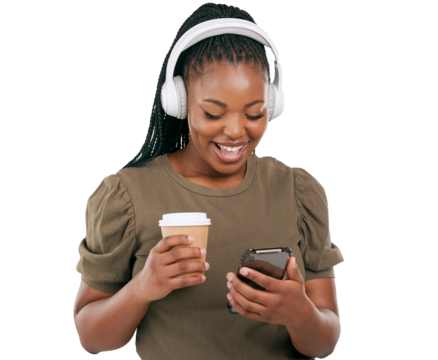 Headphones, black woman and phone for music with coffee and happy from radio. Excited, African female person and listening with audio streaming, smile and tea isolated on transparent, png background