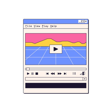 Video player, window interface with buttons in retro 90s style. Digital media playing software, vaporwave UI. Old movie watching program. Flat graphic vector illustration isolated on white background
