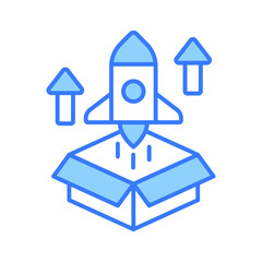 Box with rocket showing product release concept vector, business startup icon