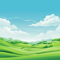 Generate  Illustrations. field. vast green field. Mountains. Green. As far as the eye can see. vast. rural view with a blue sky