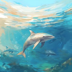 Generative AI illustration. fish .sea . water surface . ocean . sea blue
