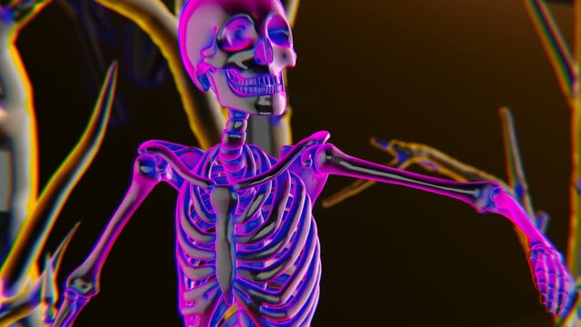 Seamless animation of a glass skeleton dancing in a cemetery disco. Funny halloween background for parties and events.