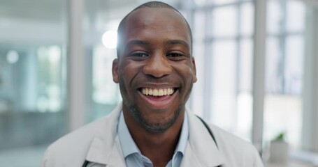 Doctor, smile and face of black man in hospital for medical, professional and consulting. Medicine, healthcare and wellness with portrait of person in clinic for happy, pharmacist and surgery
