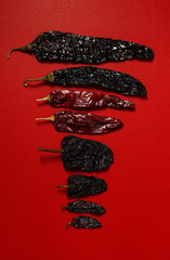 Dried Chilis Red background, chile guajillo Pasilla mexican spice variety size flat lay