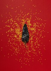 Dried Chili and Seeds on Red background, Pasilla Guajillo mexican spice flat lay