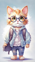 Cute cat with glasses and backpack going to school