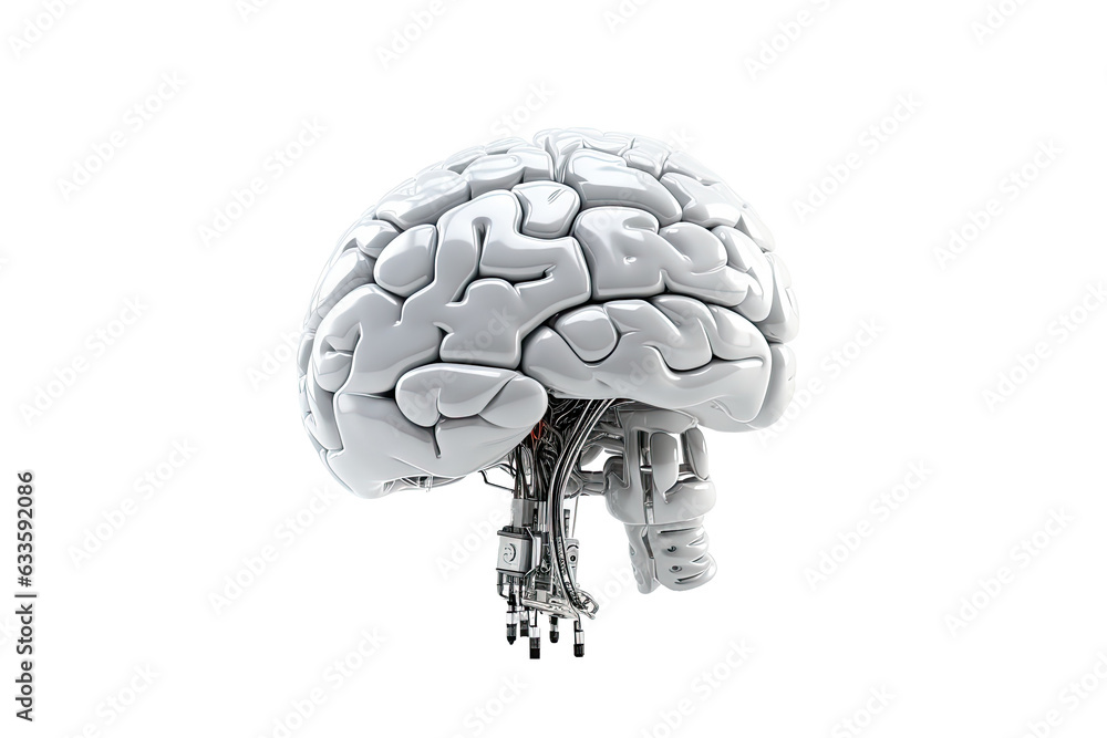 Poster digital ai electronic brain made from metallic isolated on clean png background, artificial intellig