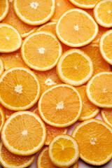top down background view made of Fresh Sliced organic oranges close-up