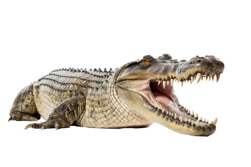 Close up of large crocodile that lay down on floor and look up isolated on clean png background, reptile animal concept, with Generative Ai.