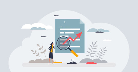 Search engine optimization or SEO with website keywords tiny person concept. Marketing tool for home page recognition and traffic development vector illustration. Online information content analysis. - obrazy, fototapety, plakaty
