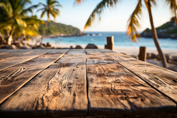 close-up wooden table on the beach