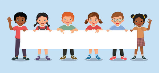 Group of multi ethnic children holding a long empty banner or poster templates for text, banner and ads