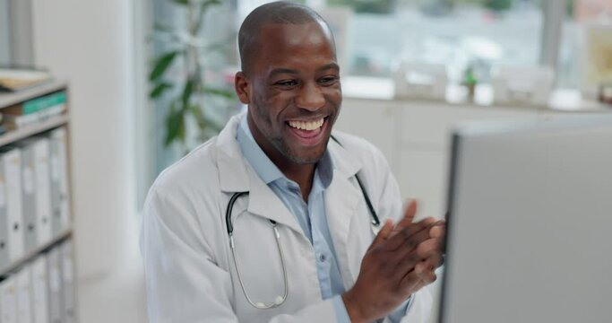 Doctor man, computer and celebration in office for results, project or success in medical research. African medic, pc and winner with goals in career for promotion, motivation or announcement at desk