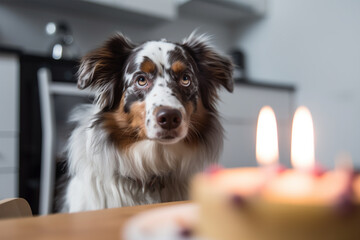 Australian Shepherd dog with birthday cake. 