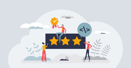 User ratings and product reviews as satisfaction feedback tiny person concept. Rate quality and give stars for performance vector illustration. Customer experience survey and result evaluation score.
