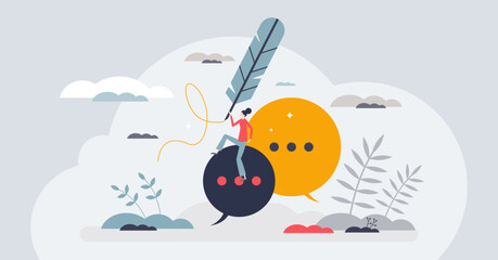 Freedom of speech and ability to talk without censorship tiny person concept. Easy writing in democracy as journalism rights to express thoughts and opinion vector illustration. Public media liberty.