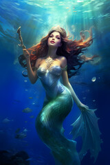 Beautiful mermaid in the fantasy world siren - obrazy, fototapety, plakaty