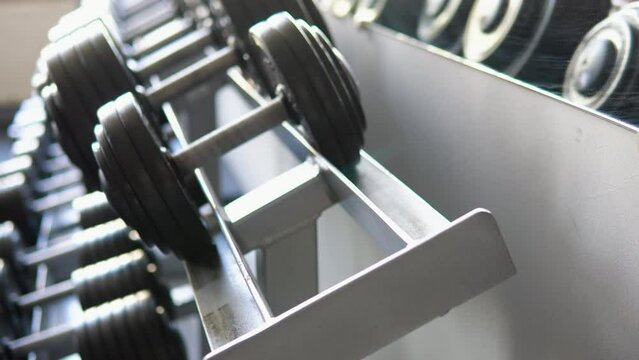 Strong well built black bodybuilder lifting dumbbell weights getting ready for exercise in fitness
