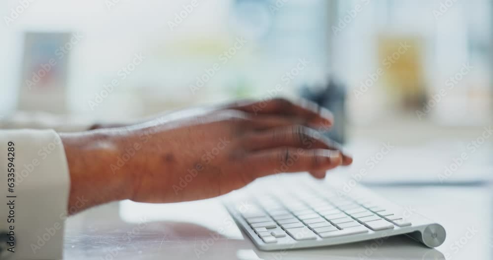 Poster hands, typing and computer for research, business planning and online schedule with email feedback. 