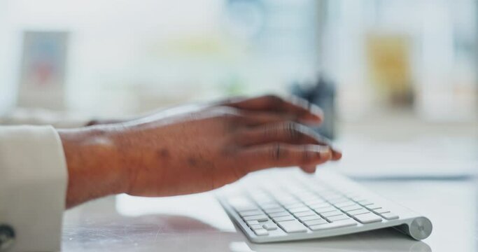 Hands, typing and computer for research, business planning and online schedule with email feedback. Internet search, lead generation and office worker at desk with ideas and report on website for job