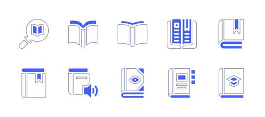 Literature icon set. Duotone style line stroke and bold. Vector illustration. Containing search, open, book, audio.