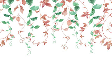 Watercolor seamless border, frame of green and pink branches, leaves