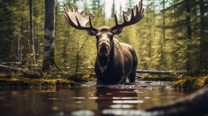 Papier Peint photo Orignal Wildlife scene from Swedish moose or Eurasian elk Alces alces in the dark forest during rainy days Beautiful animals in their natural habitat in green plants.