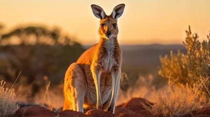 Raamstickers kangaroo Red kangaroos stand up in the meadows of the Australian outback. © sirisakboakaew
