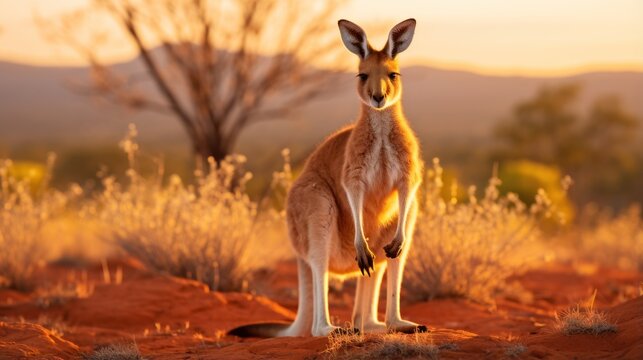 kangaroo Red kangaroos stand up in the meadows of the Australian outback.