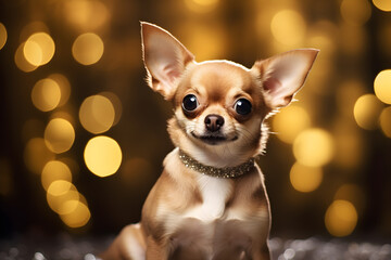 Christmas portrait of Chihuahua dog with bokeh lights