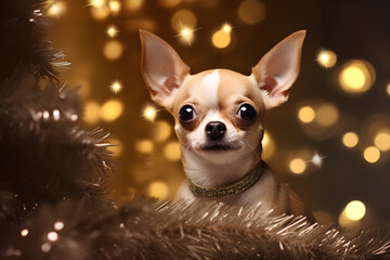 Christmas portrait of Chihuahua dog with tree and bokeh lights