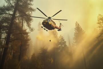 Rescue helicopter extinguishes a forest fire by dropping a large amount of water on a burning coniferous forest. Saving forests, fighting forest fires. Low angle view. 3D rendering.
