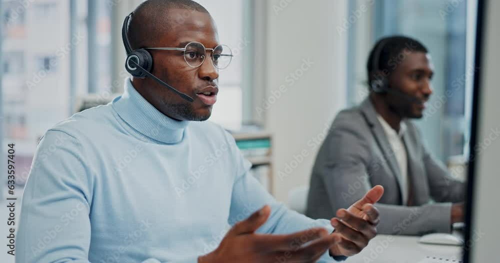 Aufkleber callcenter, computer video call and black man explain ecommerce, telecom or tech support solution on