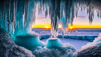 An ice cave with sunrise and intricate ice formations and icy stalactites and stalagmites, evoking a sense of cold beauty and wonder
