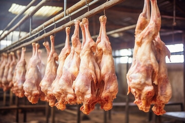 Poultry farm production of chicken meat. Industrial production and packaging of chicken meat. Chicken carcasses and tenderloin. modern food industry.