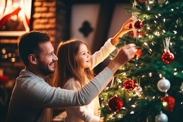 Happy father and his little daughter decorate the Christmas tree at home. Christmas lights. Selective focus. Blurred background.