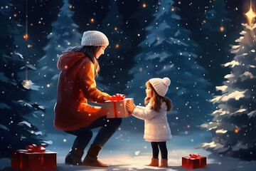 Naklejka premium Merry Christmas and Happy Holidays! Cheerful mother and her cute daughter exchange gifts. A parent and a small child have fun near the Christmas tree on the street. Stylization as a vector drawing.