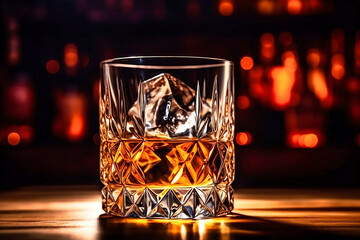 Whiskey in glass with cubes of ice on dark wooden rustic background, close up.