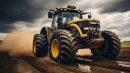  A big powerful wheeled tractor pulls the field.