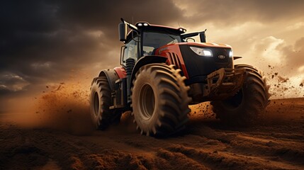 Fototapeta premium A big powerful wheeled tractor pulls the field.
