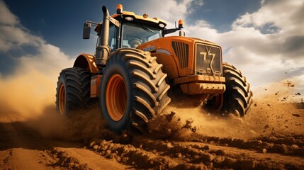 Fototapeta premium A big powerful wheeled tractor pulls the field.