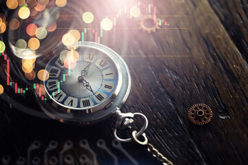 Old clock macro. Old mechanical clock gears and cogwheels on wooden background