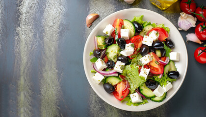 Greek salad with fresh vegetables, feta cheese and black olives. Top view